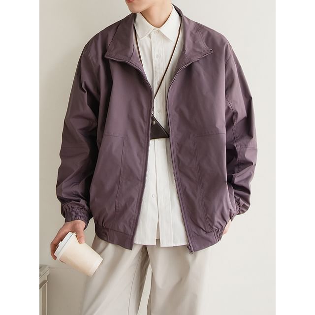 preppyfella-Stand Collar Plain Zip Jacket