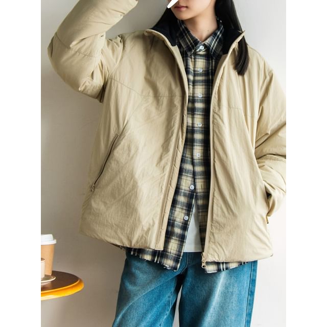 preppyfella-Stand Collar Two Tone Padded Zip-Up Jacket