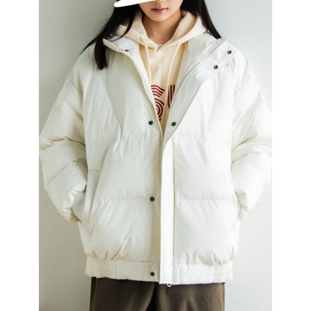 preppyfella-Stand Collar Zip-Up Plain Puffer Jacket