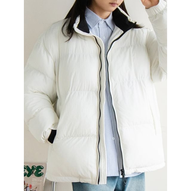 preppyfella-Stand Collar Zip-Up Plain Puffer Jacket