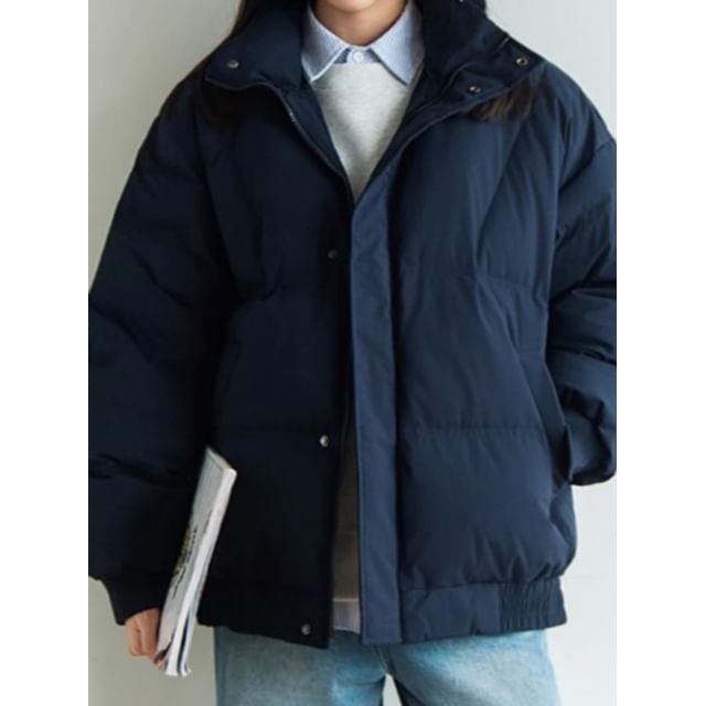 preppyfella-Stand Collar Zip-Up Plain Puffer Jacket