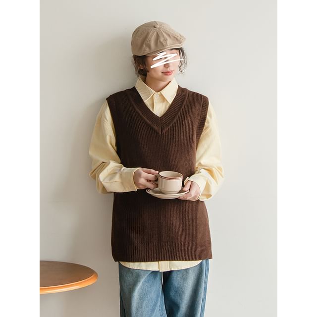 preppyfella-V-Neck Plain Sweater Vest