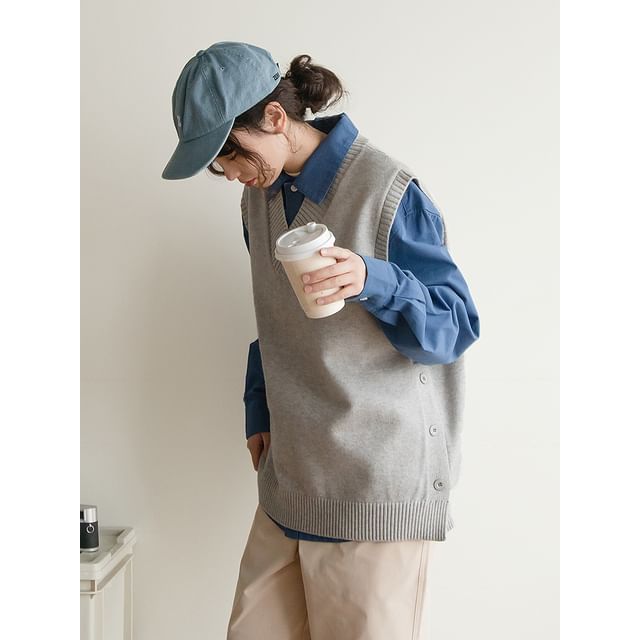 preppyfella-V-Neck Plain Sweater Vest