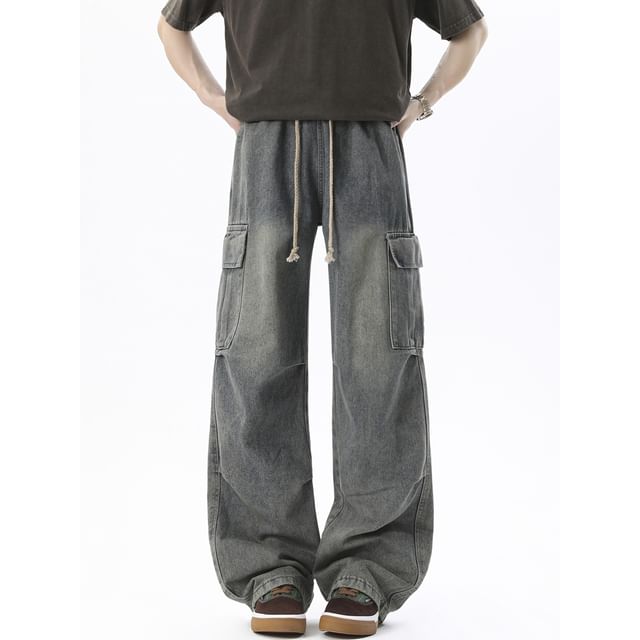 Priam-Drawstring Waist Washed Wide Leg Cargo Jeans