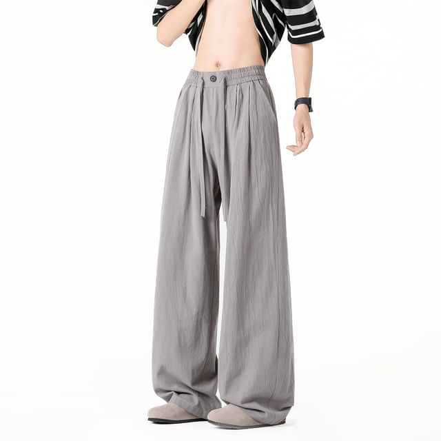 Priam-Elastic Waist Plain Wide Leg Pants