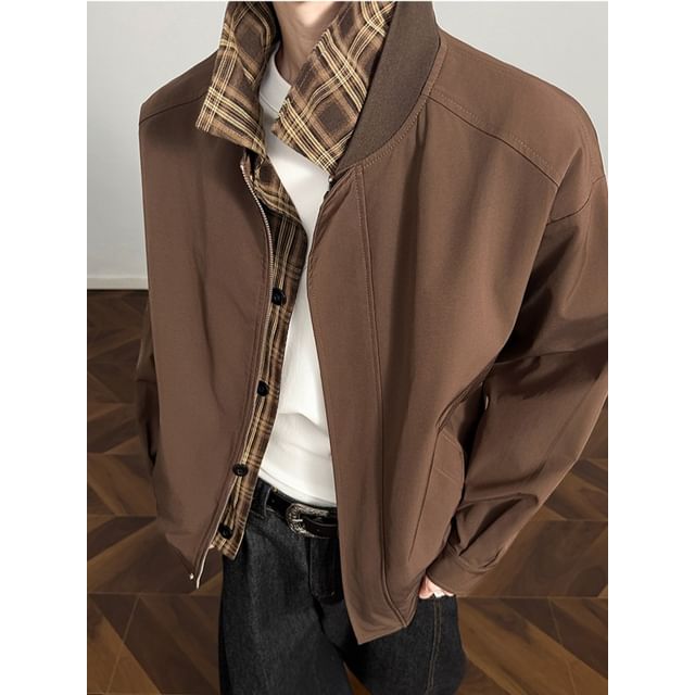 Priam-Mock Two-Piece Collared Plaid Panel Zip-Up Jacket