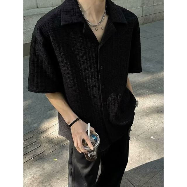 Priam-Short-Sleeve Lapel Collar Plain Button Up Shirt