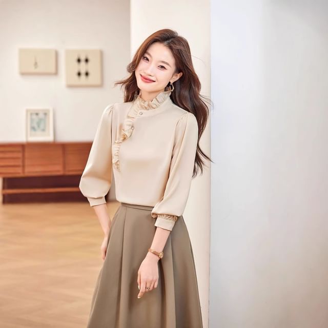 Princess Min-34-Sleeve Stand Collar Plain Ruffle Trim Blouse