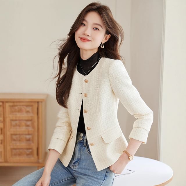 Princess Min-Crew Neck Single-Breasted Plain Tweed Blazer