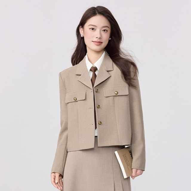 Princess Min-Lapel Collar Plain Button Up Blazer High Waist Plain Maxi A-Line Skirt Long-Sleeve Collared Plain Shirt