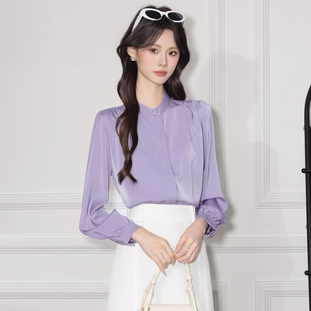 Princess Min-Long Sleeve Band Collar Plain Blouse