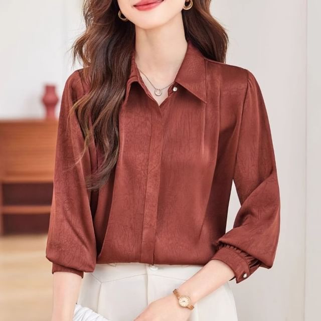 Princess Min-Long Sleeve Collared Plain Satin Shirt