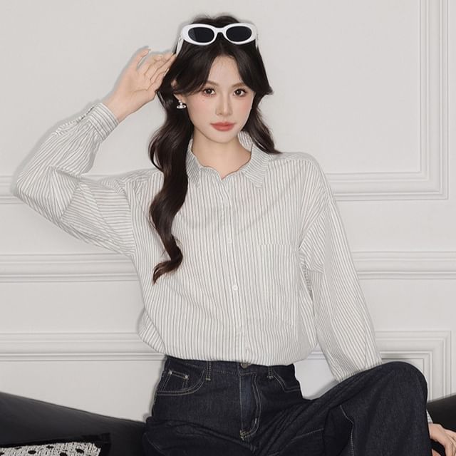 Princess Min-Long Sleeve Collared Striped Shirt