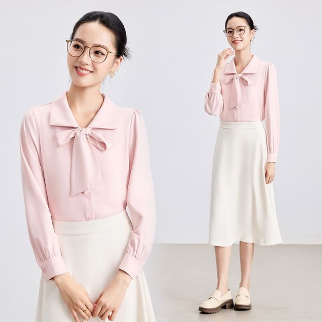 Princess Min-Long-Sleeve Collared Tie Front Plain Blouse High Rise Plain Midi A-Line Skirt