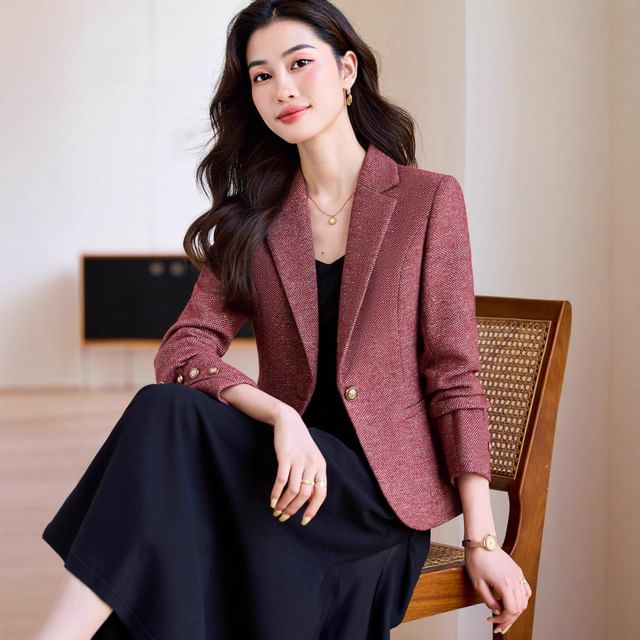 Princess Min-Notch Lapel One-Buttoned Tweed Blazer