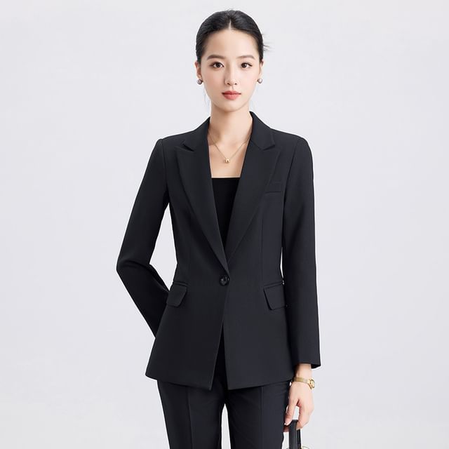 Princess Min-Peak Lapel Plain Single-Button Blazer High Waist Straight Leg Dress Pants
