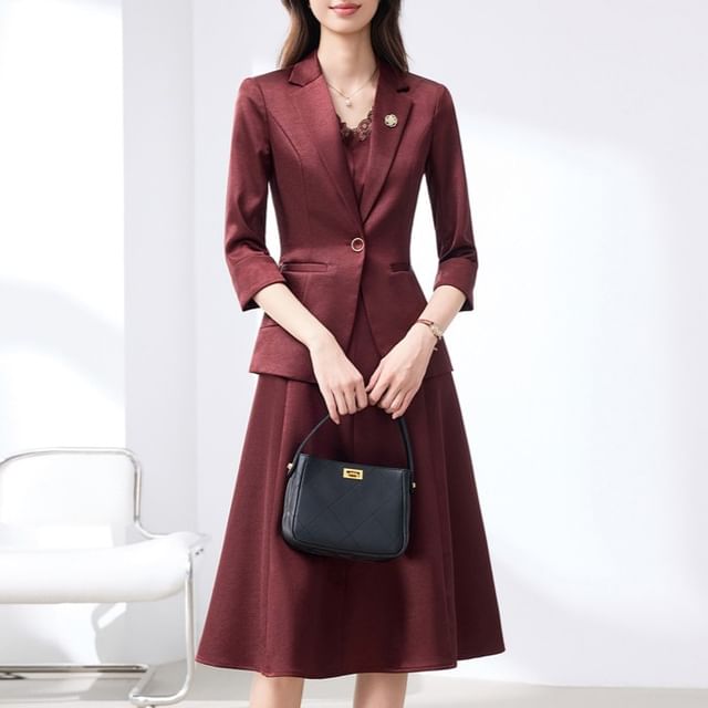 Princess Min-Set 34-Sleeve Notch Lapel One-Buttoned Plain Blazer Sleeveless V-Neck Lace Panel A-Line Dress