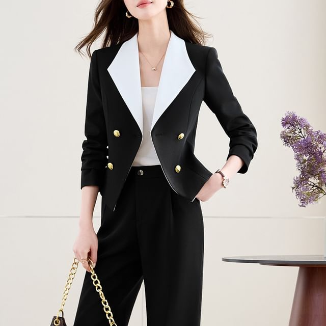 Princess Min-Set Contrast Lapel Double Breasted Blazer High Waist Plain Flared Dress Pants