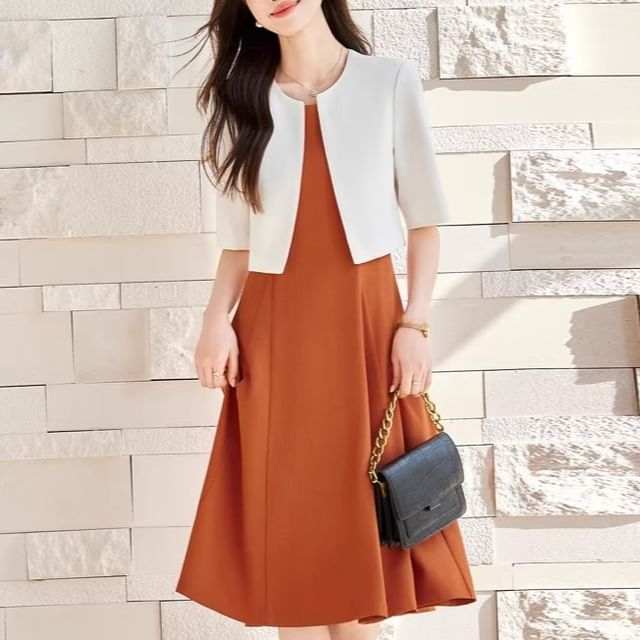 Princess Min-Set Elbow-Sleeve Crew Neck Open Front Plain Crop Blazer Sleeveless Square Neck Midi A-Line Dress