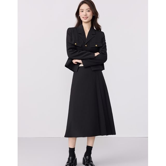 Princess Min-Set Lapel Collar Plain Button Up Blazer High Waist Plain Maxi A-Line Skirt