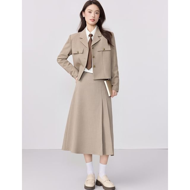 Princess Min-Set Lapel Collar Plain Button Up Blazer High Waist Plain Maxi A-Line Skirt Long-Sleeve Collared Plain Shirt