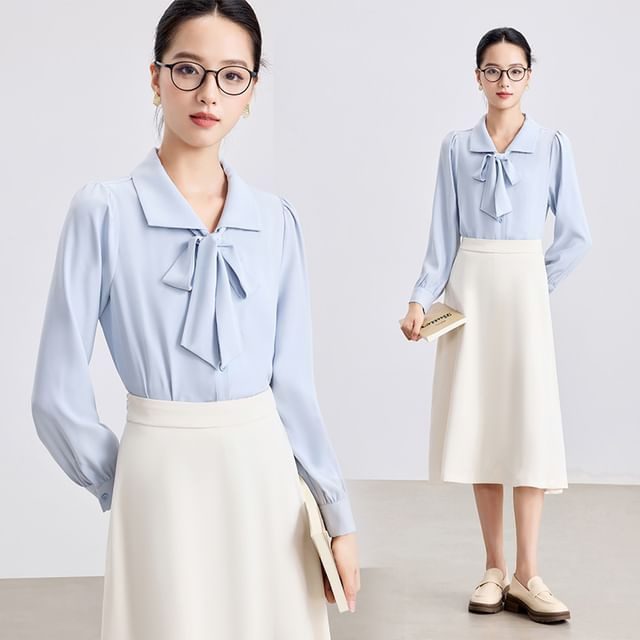 Princess Min-Set Long-Sleeve Collared Tie Front Plain Blouse High Rise Plain Midi A-Line Skirt