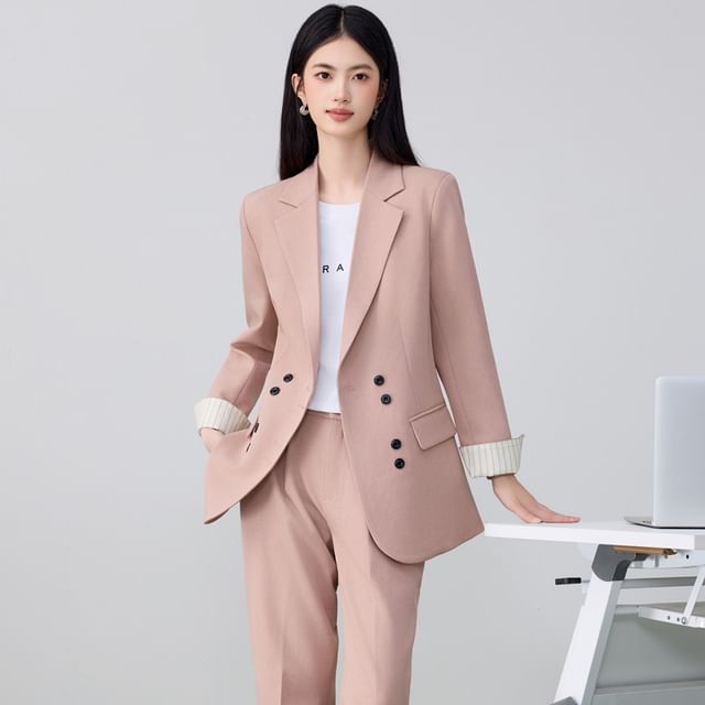 Princess Min-Set Notch Lapel Double-Breasted Plain Blazer Mid Waist Loose Fit Dress Pants