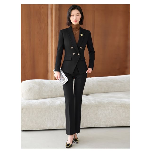 Princess Min-Set Notch Lapel Double-Breasted Plain Blazer Mid Waist Straight Leg Suit Pants