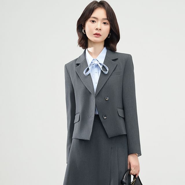 Princess Min-Set Notch Lapel Plain Double-Breasted Blazer High Rise Pleated Asymmetrical A-Line Skirt