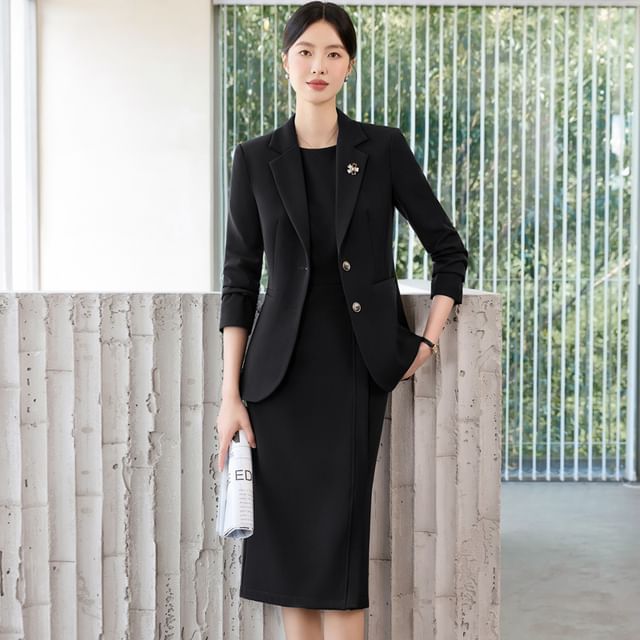 Princess Min-Set Notch Lapel Single-Breasted Plain Blazer Sleeveless Crew Neck Midi Sheath Dress