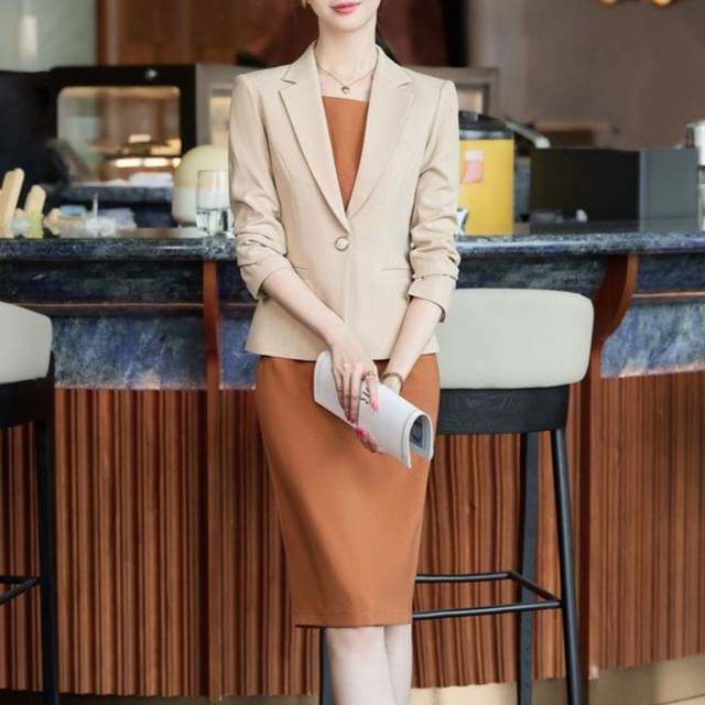 Princess Min-Set One Buttoned Plain Blazer Sleeveless Midi Sheath Dress