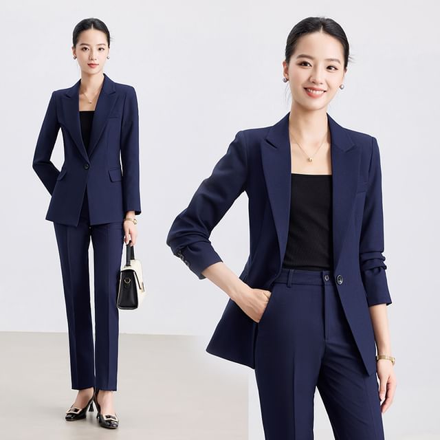 Princess Min-Set Peak Lapel Plain Single-Button Blazer Mid Waist Straight Leg Pants