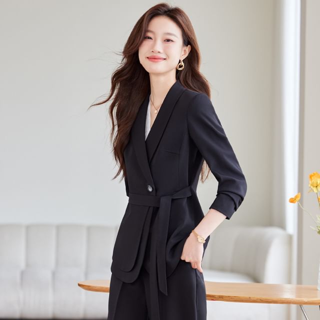 Princess Min-Set Shawl Lapel Plain Sashed Single-Button Blazer High Waist Wide Leg Suit Pants
