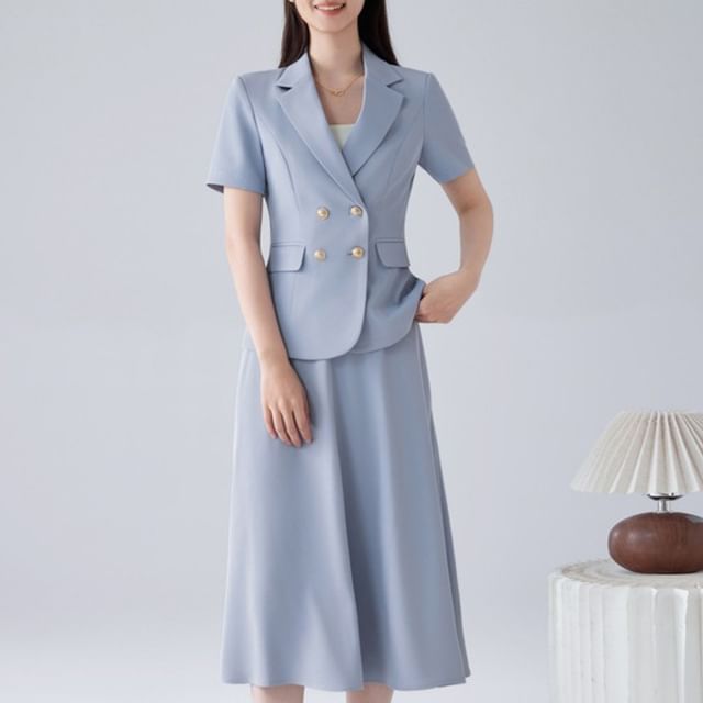 Princess Min-Set Short Sleeve Notch Lapel Plain Double Breasted Blazer High Waist Midi A-Line Skirt