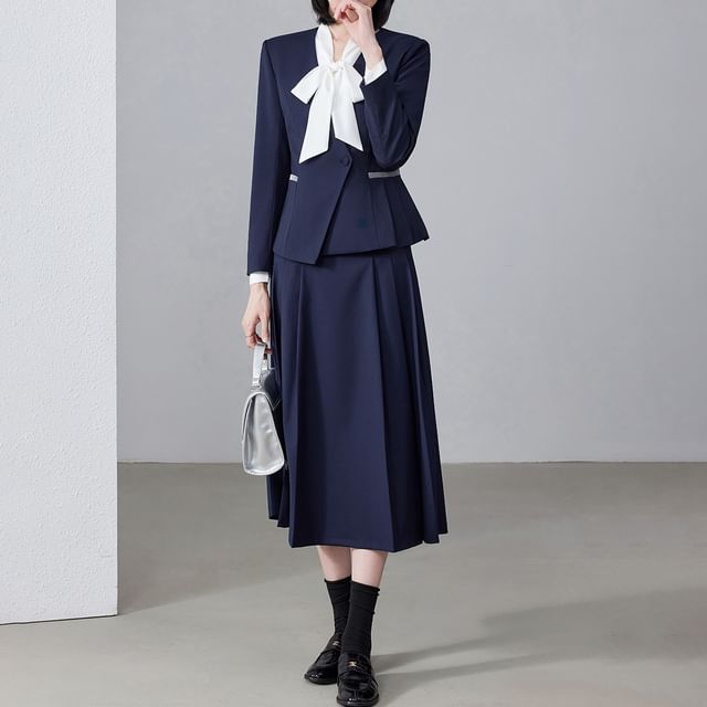 Princess Min-Set Tie-Neck Plain Blouse Plain Asymmetrical Blazer High Waist Pleated Midi A-Line Skirt