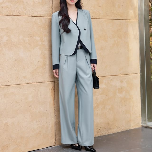 Princess Min-Set Two-Tone One Buttoned Blazer High Waist Wide Leg Dress Pants