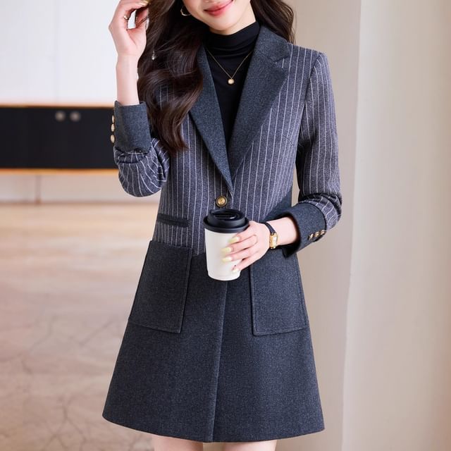 Princess Min-Striped Panel Button-Up Long Coat