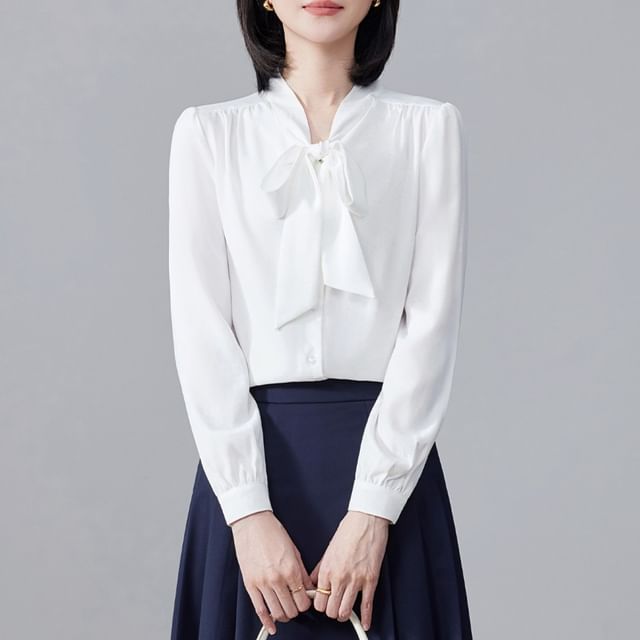 Princess Min-Tie-Neck Plain Blouse Plain Asymmetrical Blazer High Waist Pleated Midi A-Line Skirt