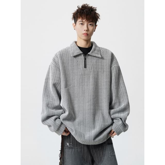 purplelouve-Collared Herringbone Half-Zip Sweatshirt