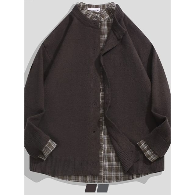 purplelouve-Collared Plaid Mock Two Piece Cardigan