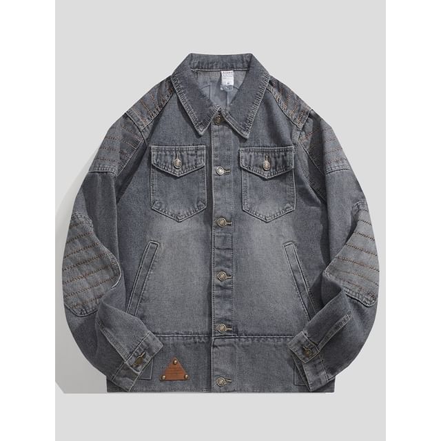 purplelouve-Collared Washed Panel Button Denim Jacket