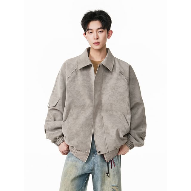 purplelouve-Collared Zip-Up Faux Leather Jacket