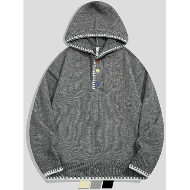 purplelouve-Contrast Trim Hood Button Sweater