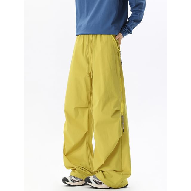 purplelouve-Drawstring Waist Plain Wide Leg Cargo Pants