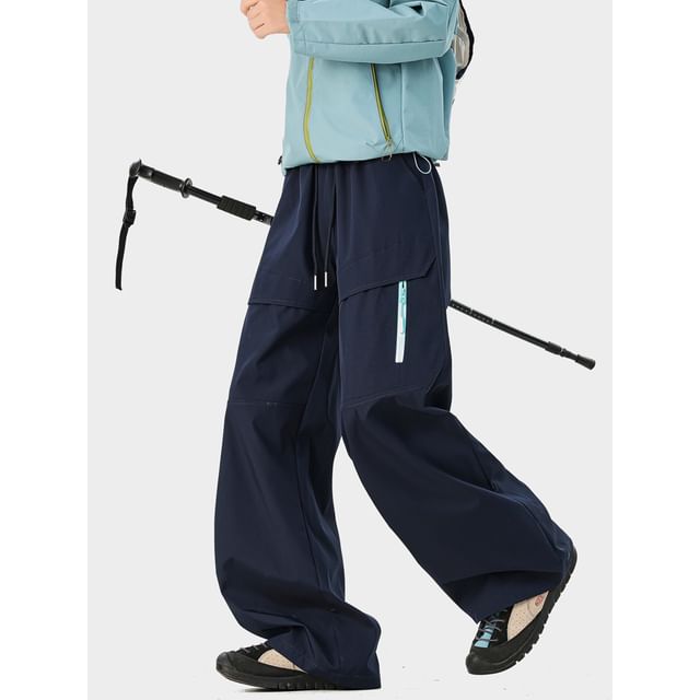 purplelouve-Drawstring Waist Plain Wide Leg Cargo Pants