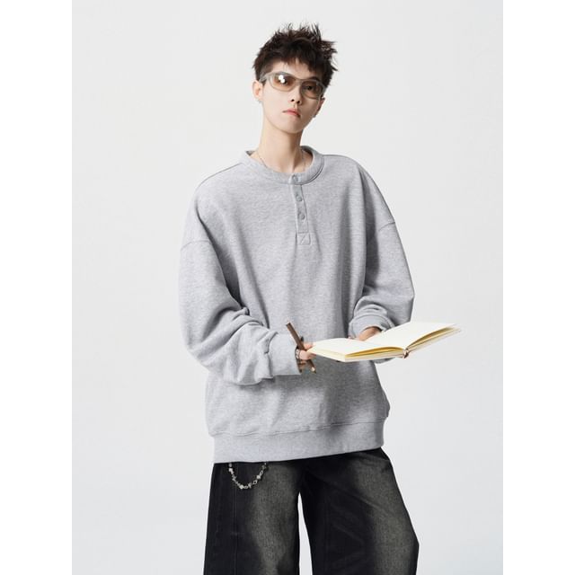 purplelouve-Henley Plain Sweatshirt