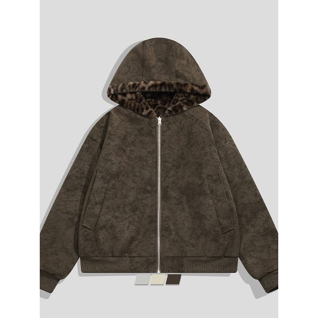 purplelouve-Leopard Patterned Reversible Hood Fluffy Panel Faux Suede Zip Puffer Jacket