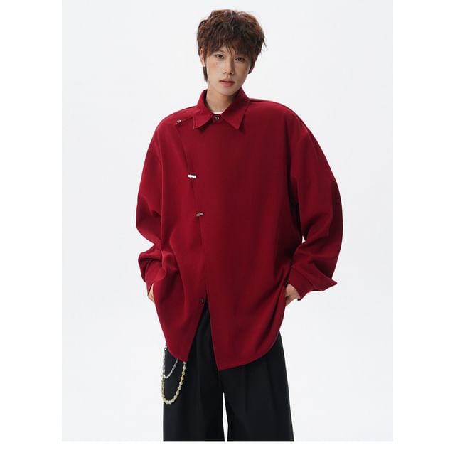 purplelouve-Long-Sleeve Asymmetrical Button-Up Plain Shirt