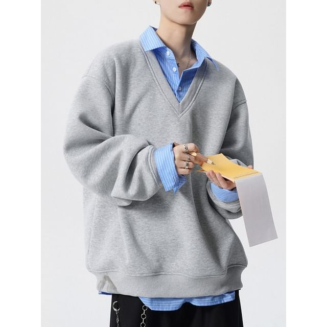 purplelouve-Mock Two-Piece Collared Pinstriped Panel Sweatshirt