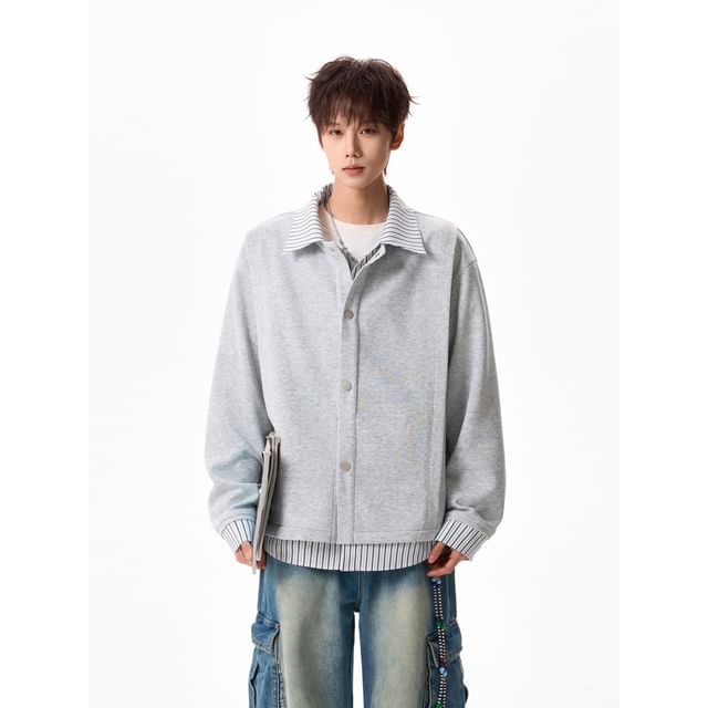 purplelouve-Mock Two-Piece Collared Striped Panel Button-Up Jacket